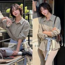 러블리즈 서지수, 하의는 어디에? 오버핏 스트라이프 셔츠로 끝낸 여름 하의실종룩