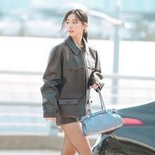 [패션엔 포토] 에스파 카리나, 가죽 재킷과 쇼츠! 취향저격 가죽 쇼츠룩 후쿠오카 출국